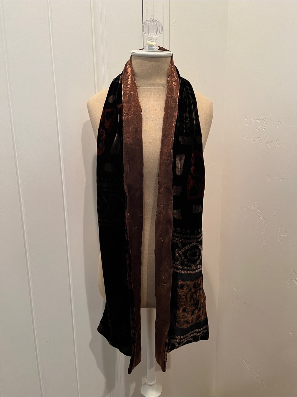 Caron Miller Black and Brown Velvet Patterned Scarf